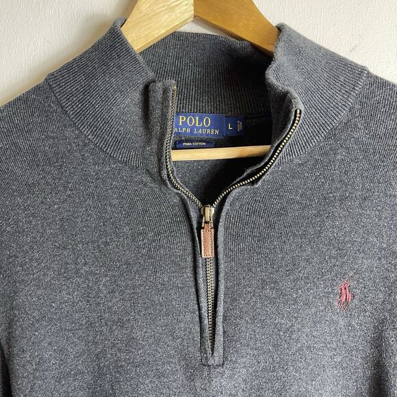 Polo Ralph Lauren Mens L Pima Cotton Quarter Zip Pullover Ribbed Y2K 90s Preppy - Picture 2 of 8